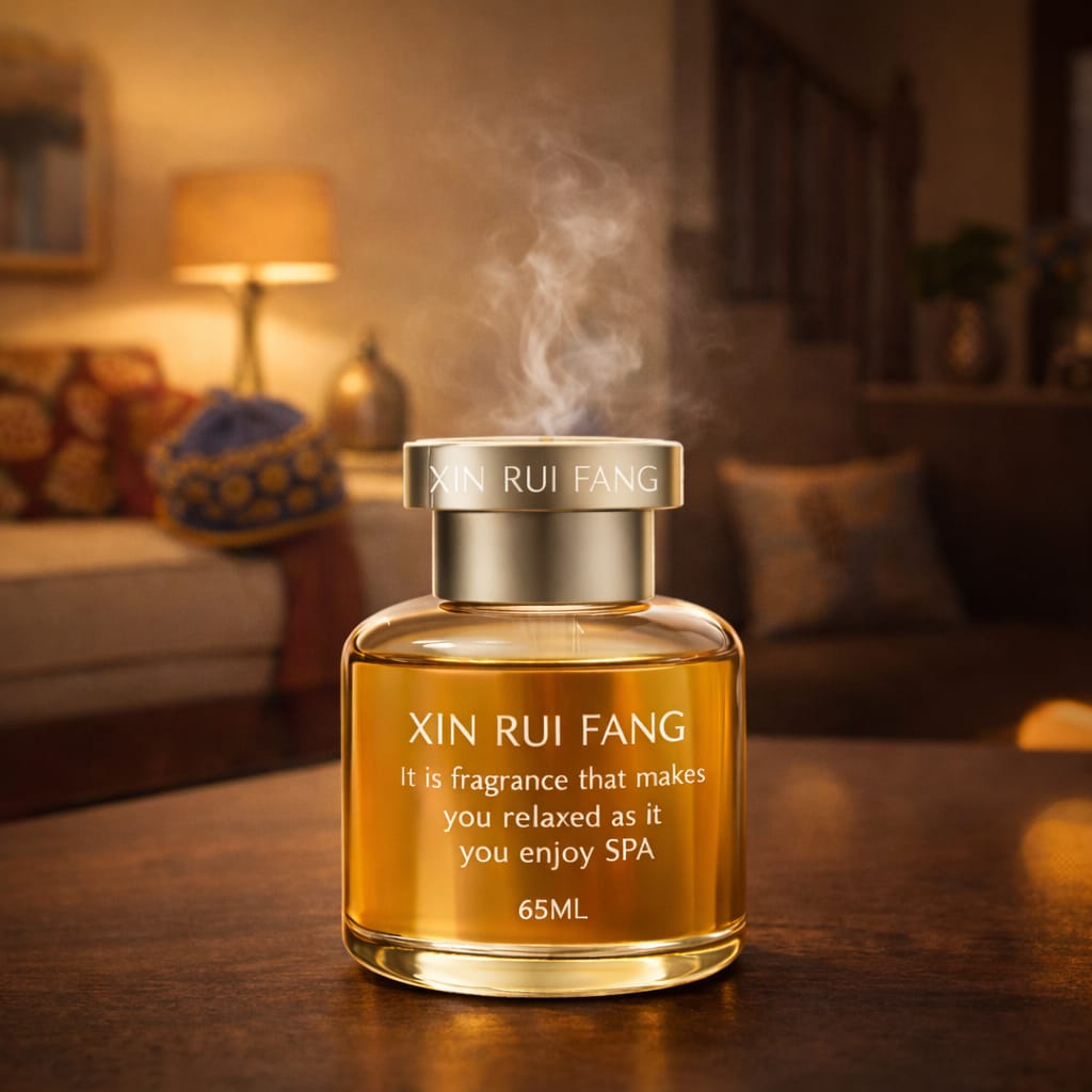 Xin Rui Fang perfume bottle on a wooden surface with a warm, blurred background