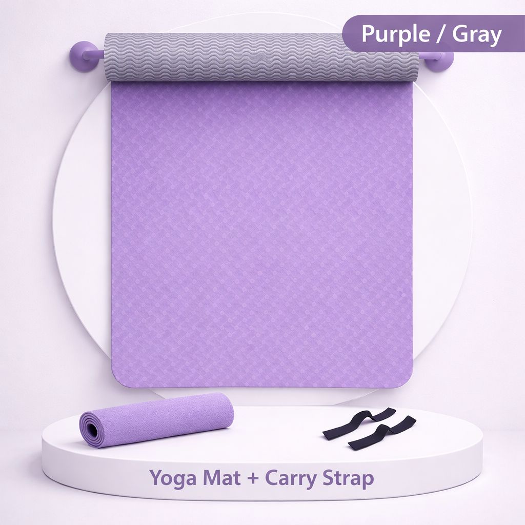 Purple yoga mat with gray carry strap on a white background