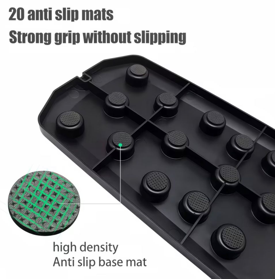 Black anti-slip mat with textured surface and text highlighting features