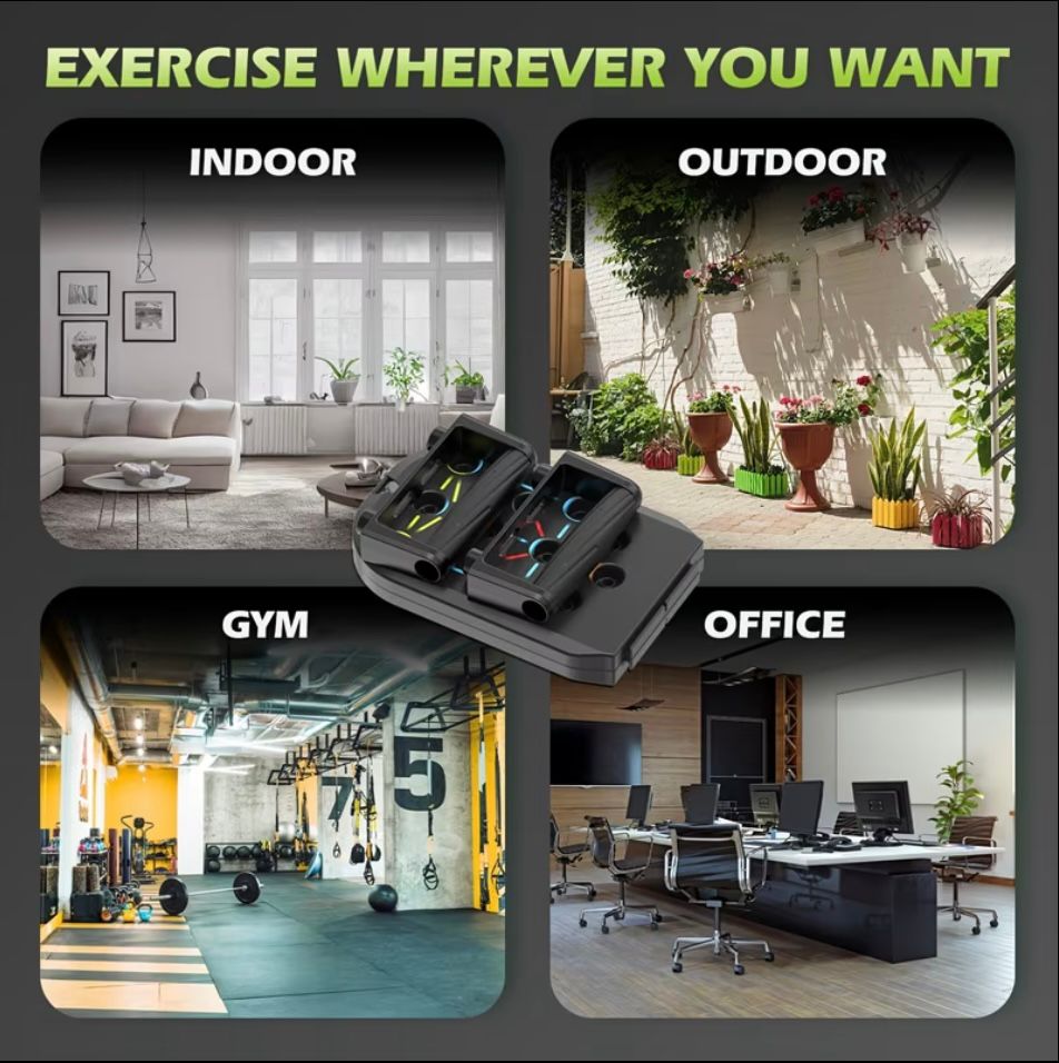 Portable gym device with images of indoor, outdoor, gym, and office settings.