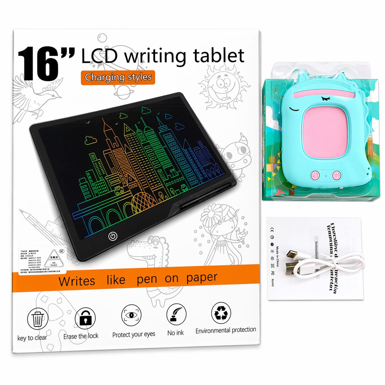 16-inch LCD writing boardwith colorful display and cartoon character on white background