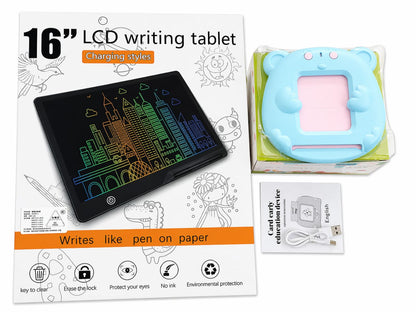 16-inch LCD writing tablet with packaging and cartoon case on a white background