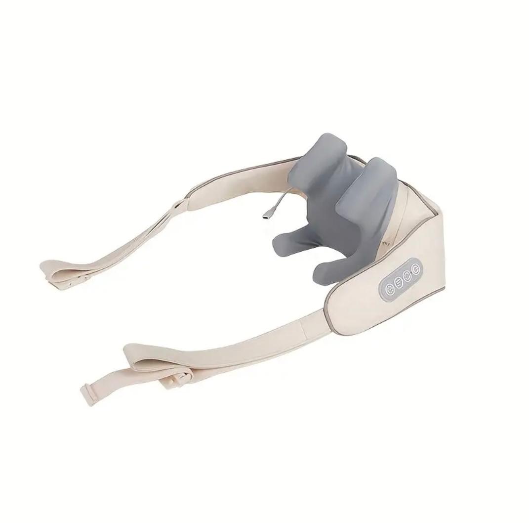 Neck massager with beige strap and gray cushion on a white background