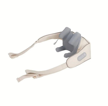 Neck massager with beige strap and gray cushion on a white background