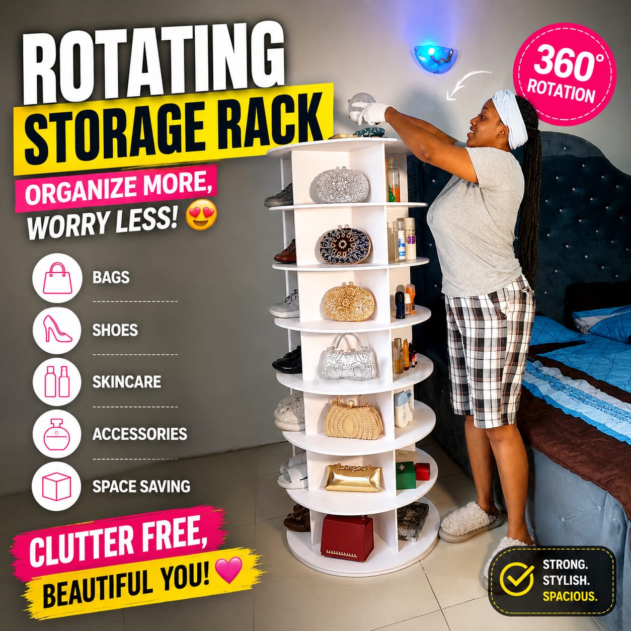 Load video: Woman organizing handbags, shoes, skincare products, and accessories on a white 360° rotating storage rack beside a bed in a modern bedroom, demonstrating space-saving home organization.