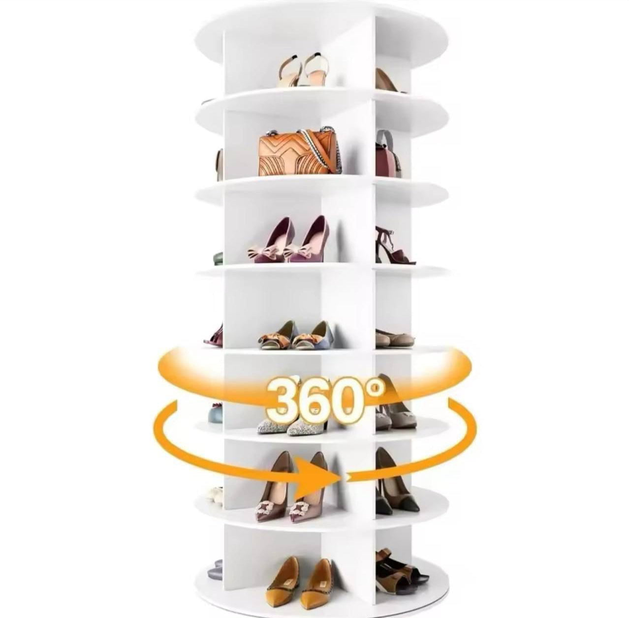 White shoe rack with 360-degree rotation feature displaying various shoes.