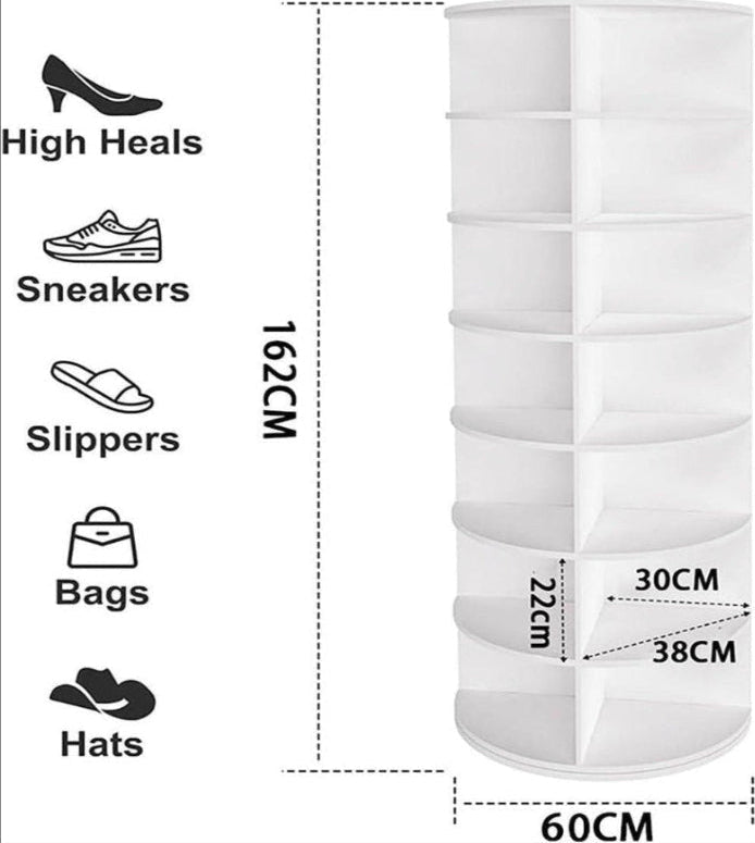 White shoe rack with dimensions and category icons on a white background