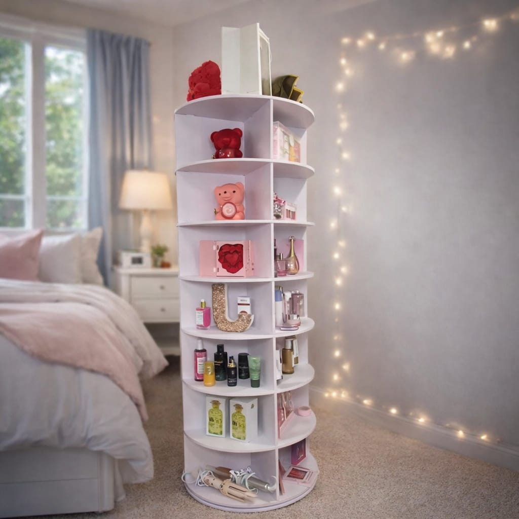 White rotatory multipurpose rack in a bedroom with various items on each shelf