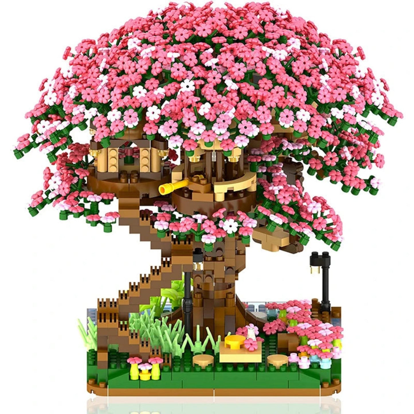 Toy treehouse with pink flowers on a white background