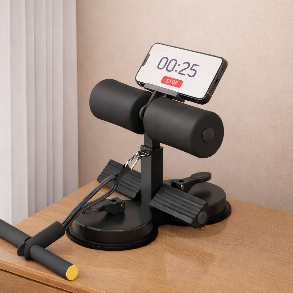 Black assistive sit-up device with digital timer on a wooden surface