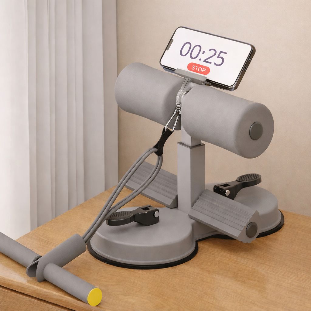 Gray assistive sit-up machine with a smartphone displaying a timer on a wooden surface.