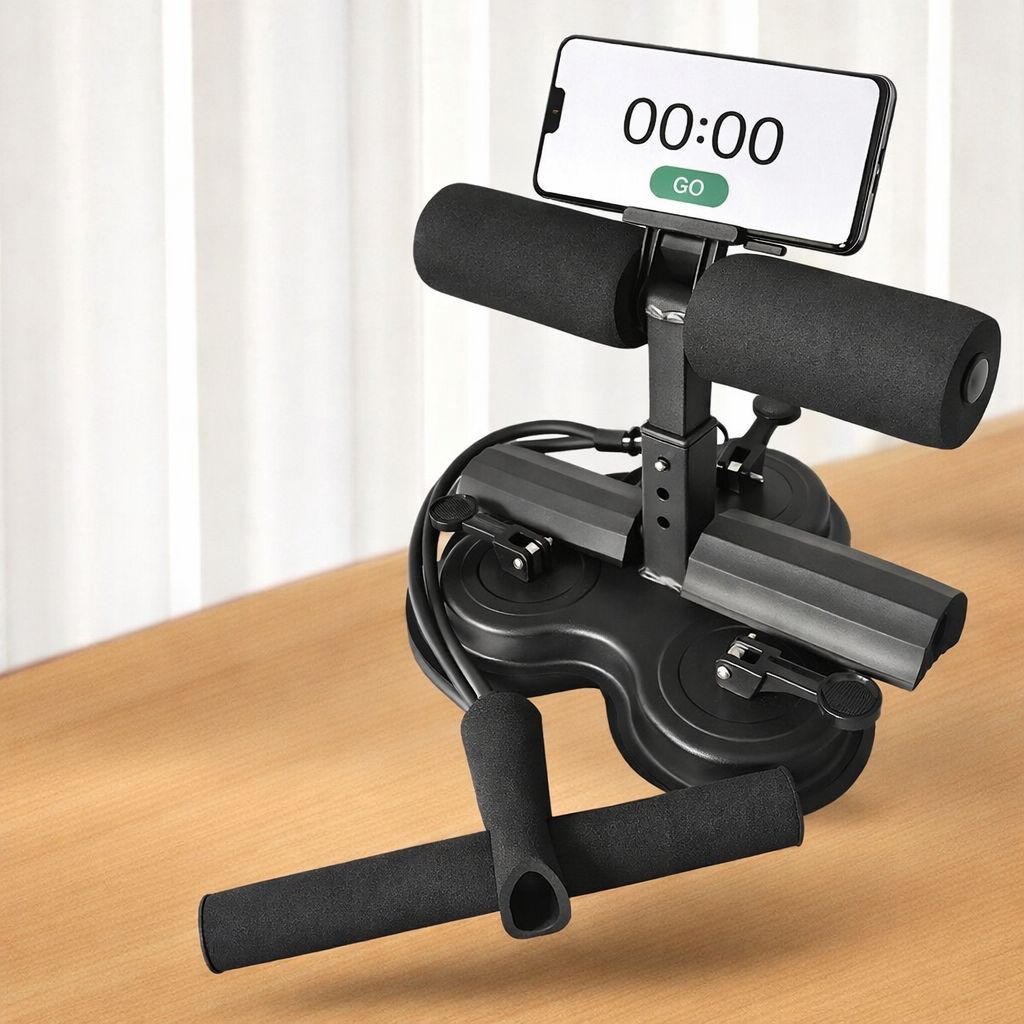 Black assistive sit-up device with smartphone holder on a wooden surface