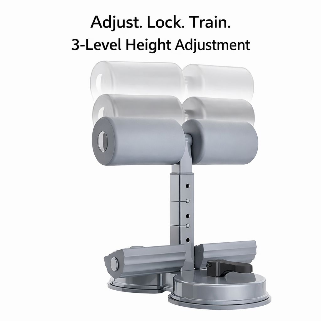 Gray sit-up adjustable stand with three levels of height adjustment on a white background