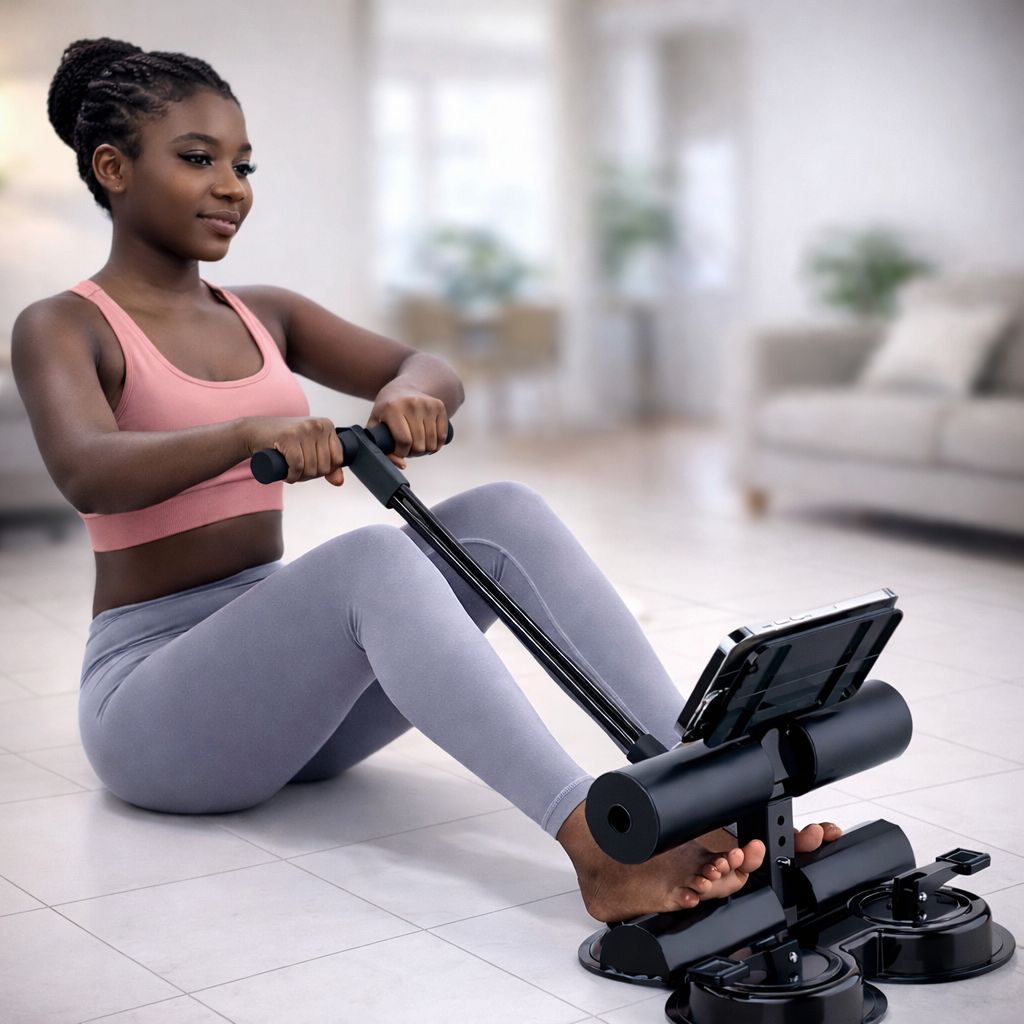 Woman using a assistive sit-up home exercise  device in a living room setting