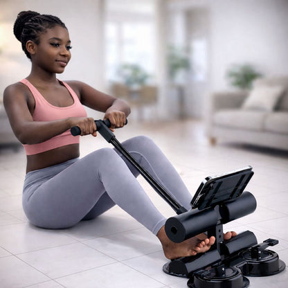 Woman using a assistive sit-up home exercise  device in a living room setting