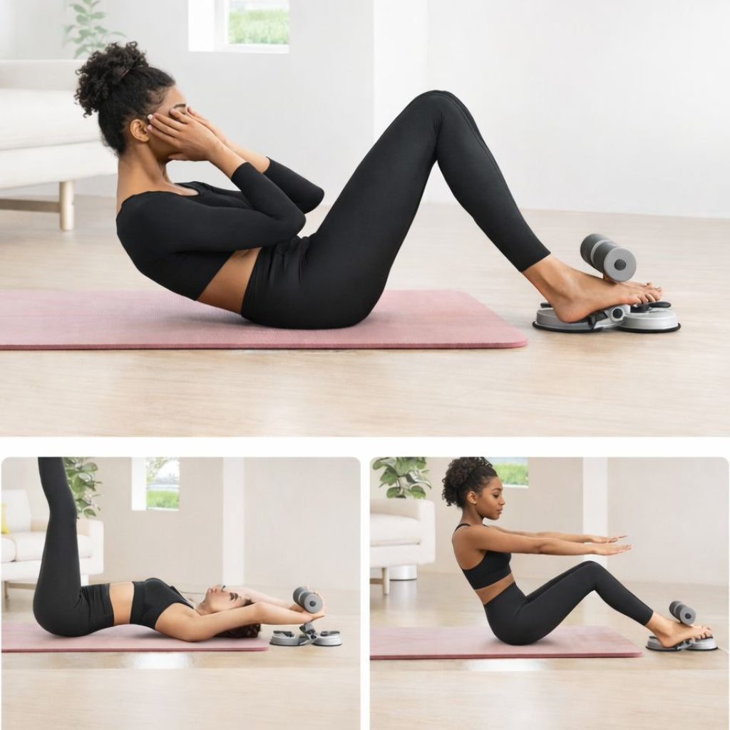 Woman exercising on a pink mat with sit-up assistive device, surrounded by a home setting.