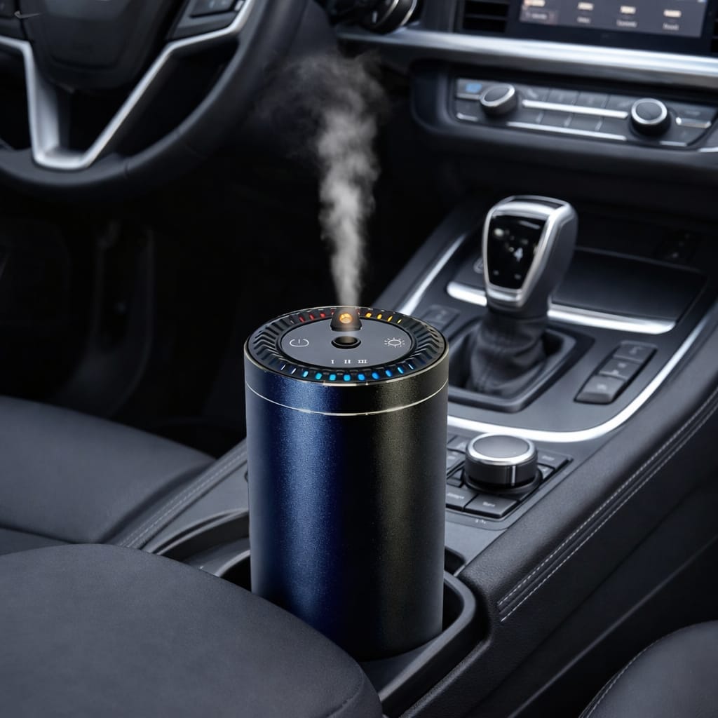 Car air freshener with steam emitting from it inside a vehicle.