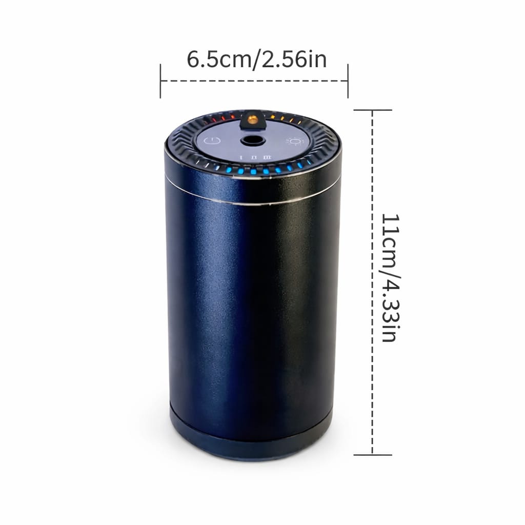 Blue cylindrical device with dimensions labeled on a white background