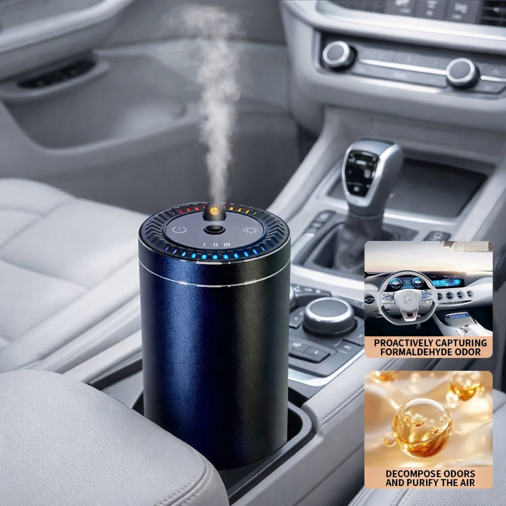Car air freshener with steam emitting in a car's cup holder, featuring text about odor control.