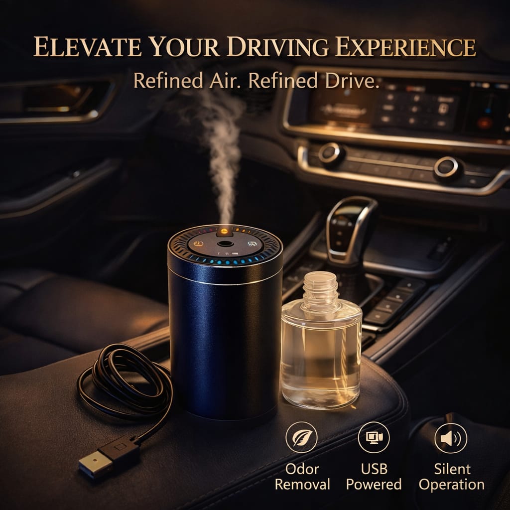 Car air freshener with USB cable and bottle on car dashboard, promoting a refined driving experience.