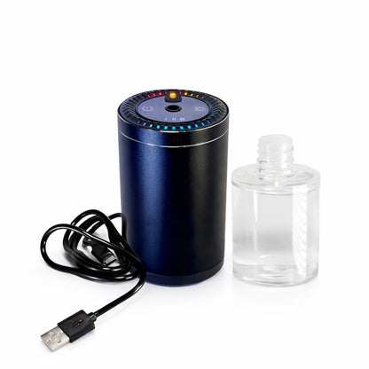 Blue electronic device with USB cable and clear bottle on white background