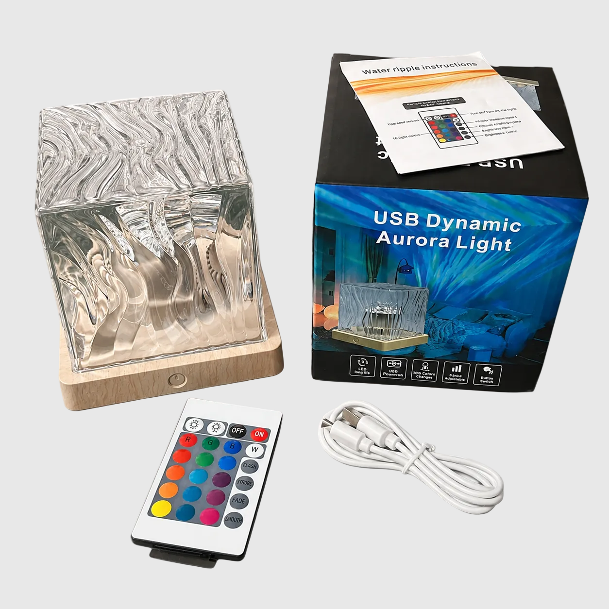 square_aurora_galaxy USB Dynamic Aurora Light with remote control, cable, and packaging on a white background