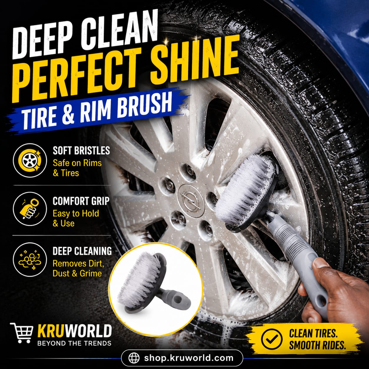 Load video: Car tire and rim cleaning brush removing dirt and grime from a vehicle wheel during a car wash demonstration.