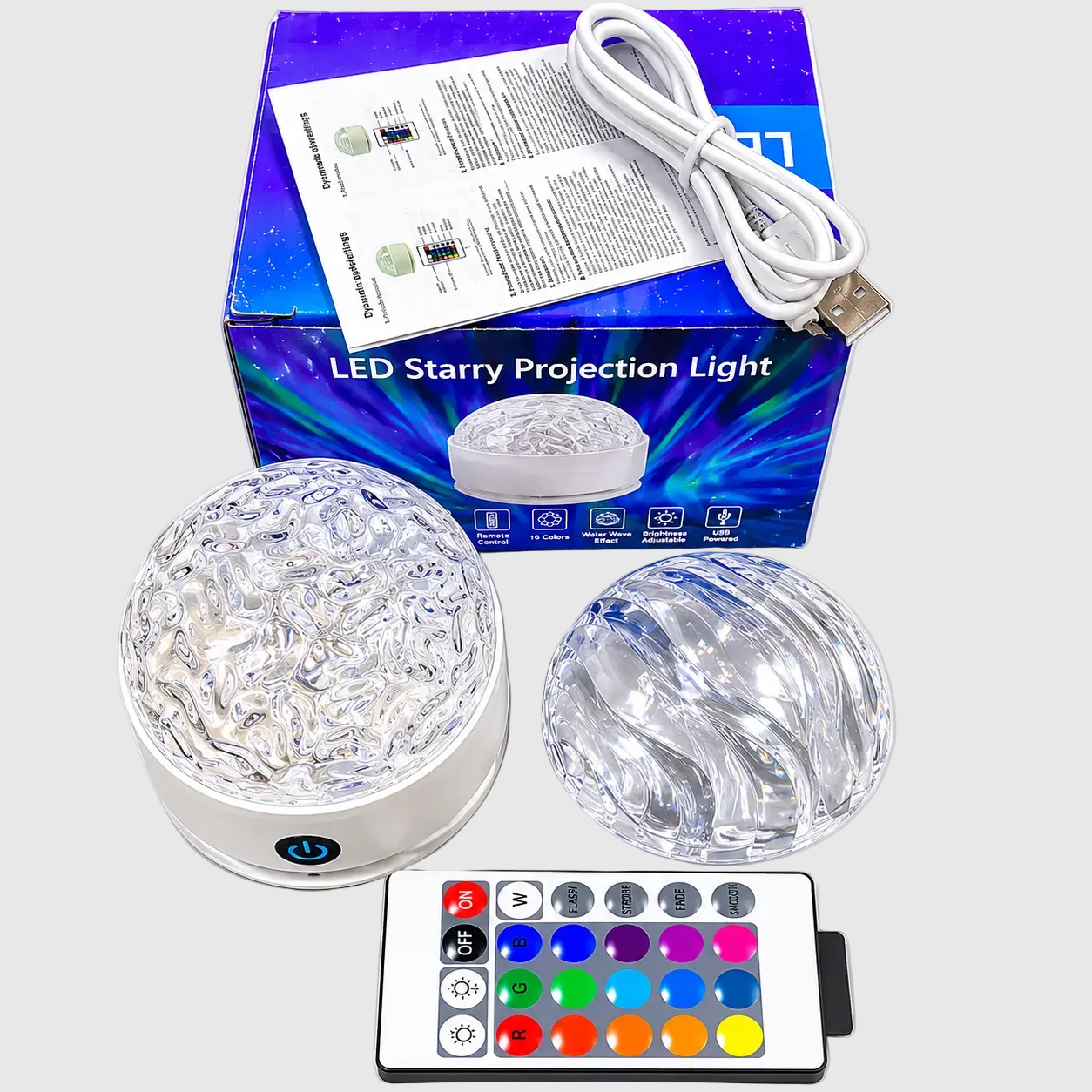 web_and_ocean_design LED starry projection light with packaging, remote control, and USB cable on a white background