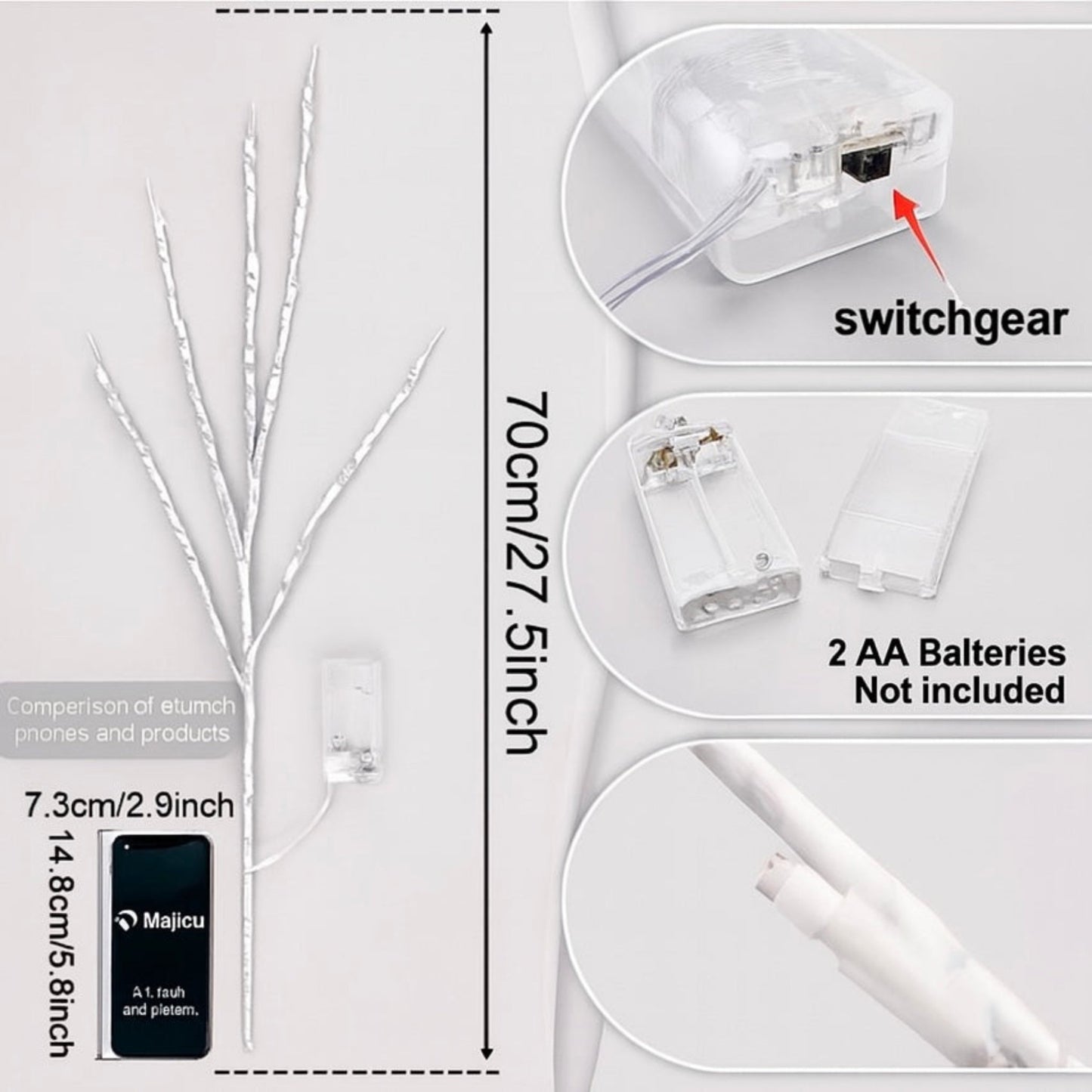 Measurement chart of a product with switchgear, batteries, and comparison to a phone.