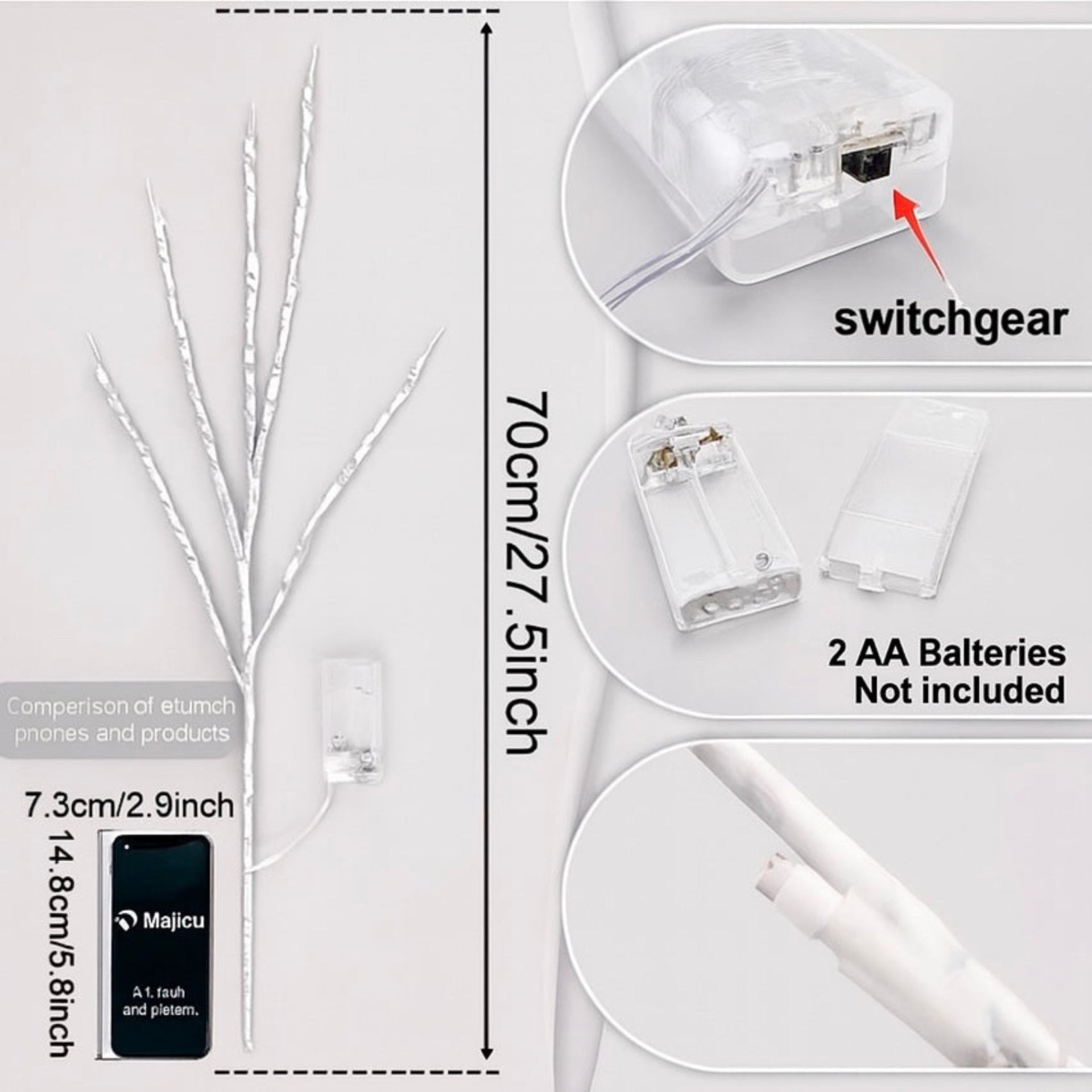 Measurement chart of a product with switchgear, batteries, and comparison to a phone.