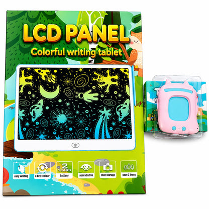 20" Colorful packaging of an LCD panel writing tablet with a small pink device on a white background.
