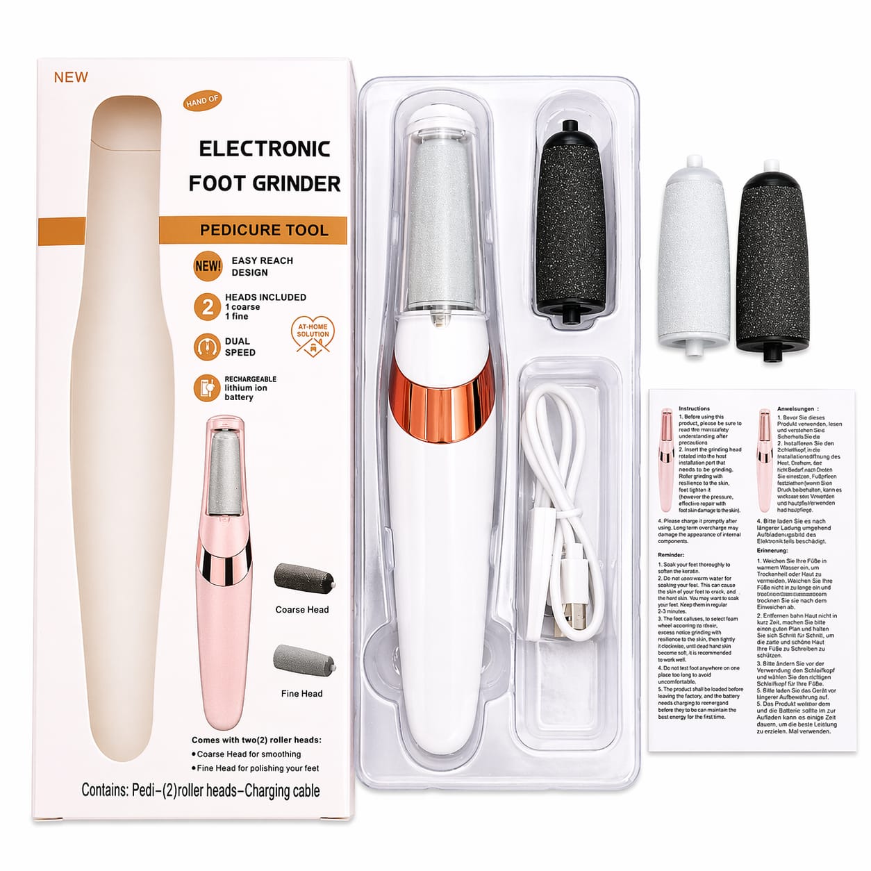 Electronic foot grinder pedicure tool with packaging and accessories on a white background