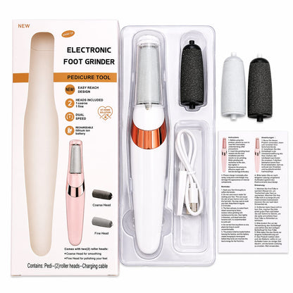 Electronic foot grinder pedicure tool with packaging and accessories on a white background