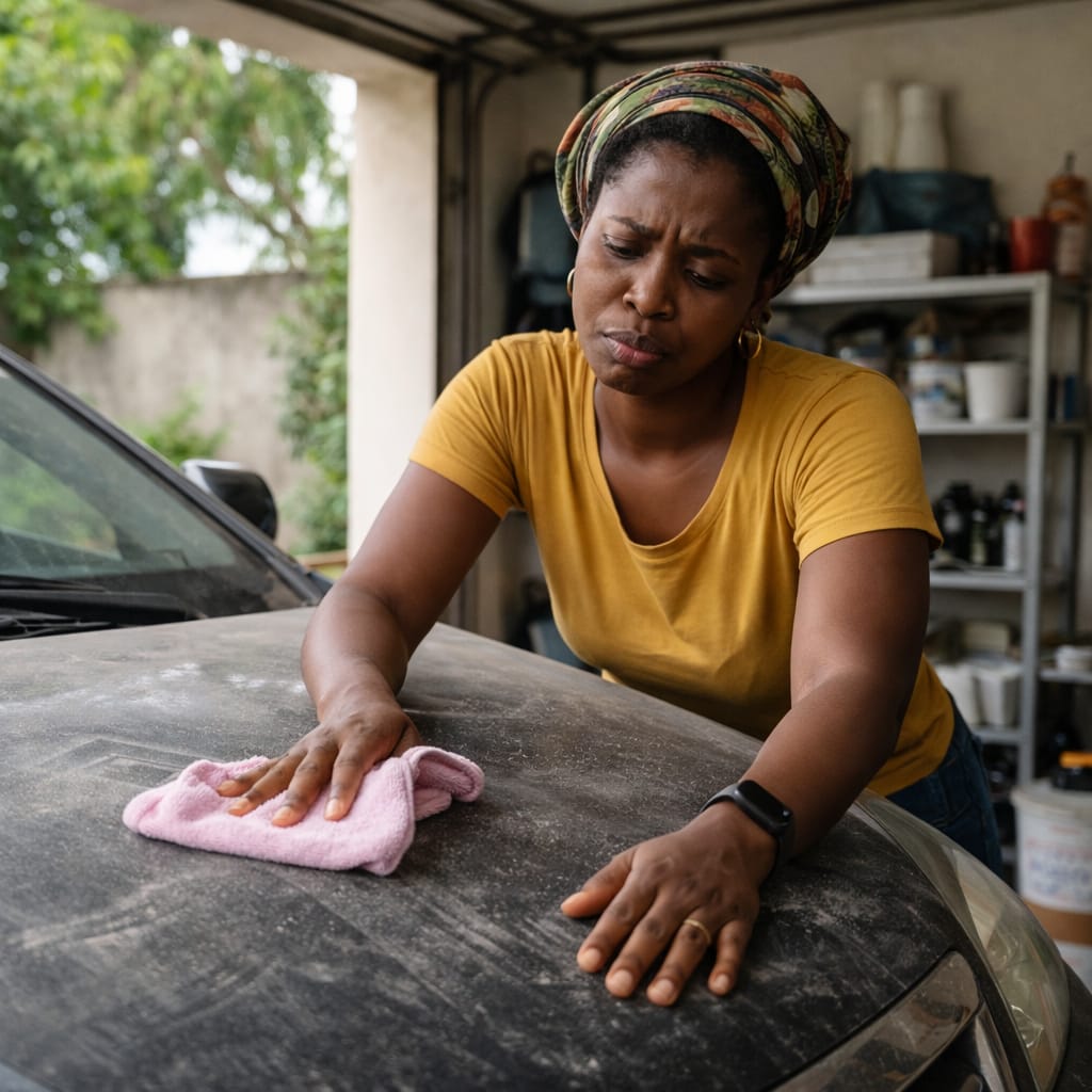 Woman cleaning a car hood with a pink cloth in a garage.