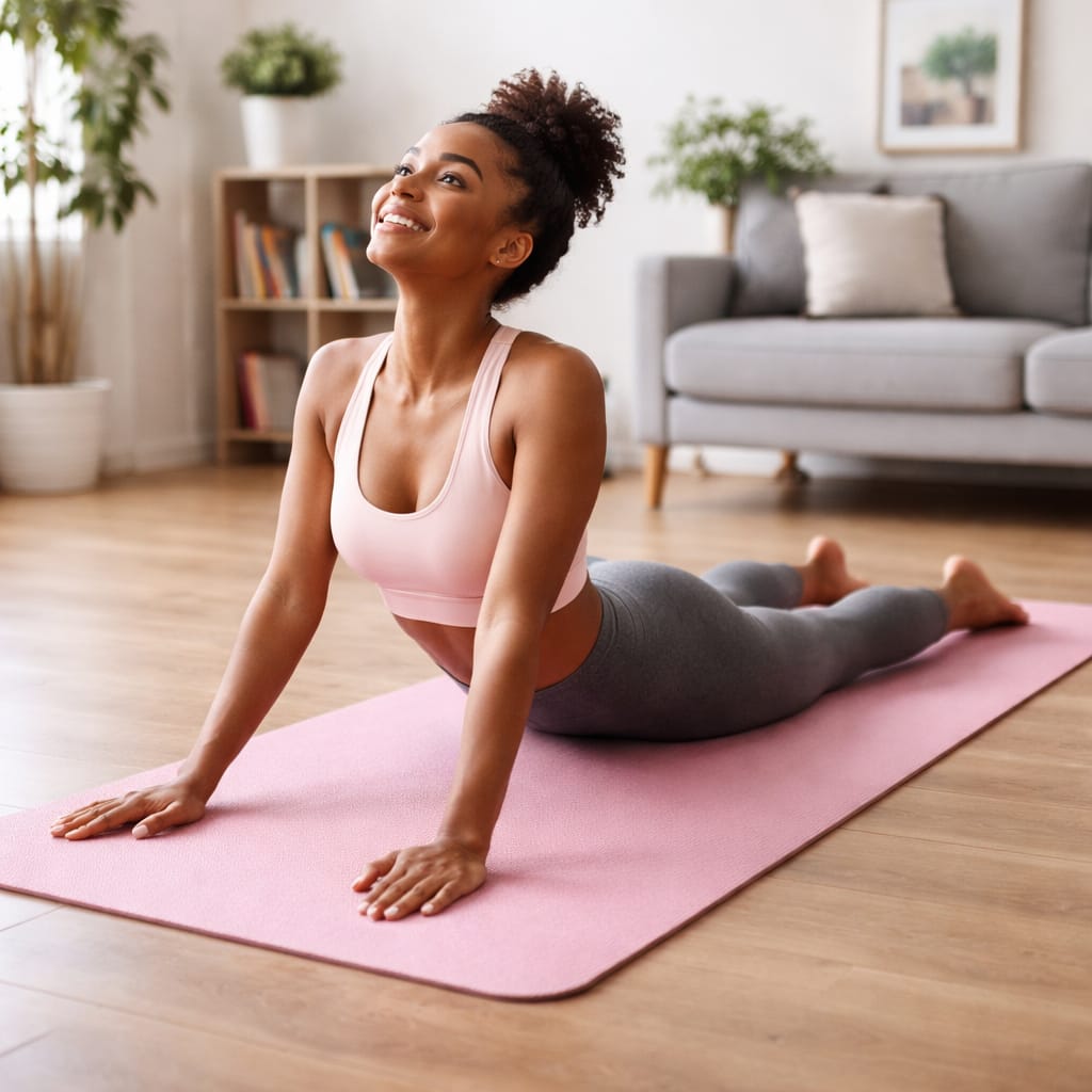 Woman practicing yoga on a pink mat in a living room.