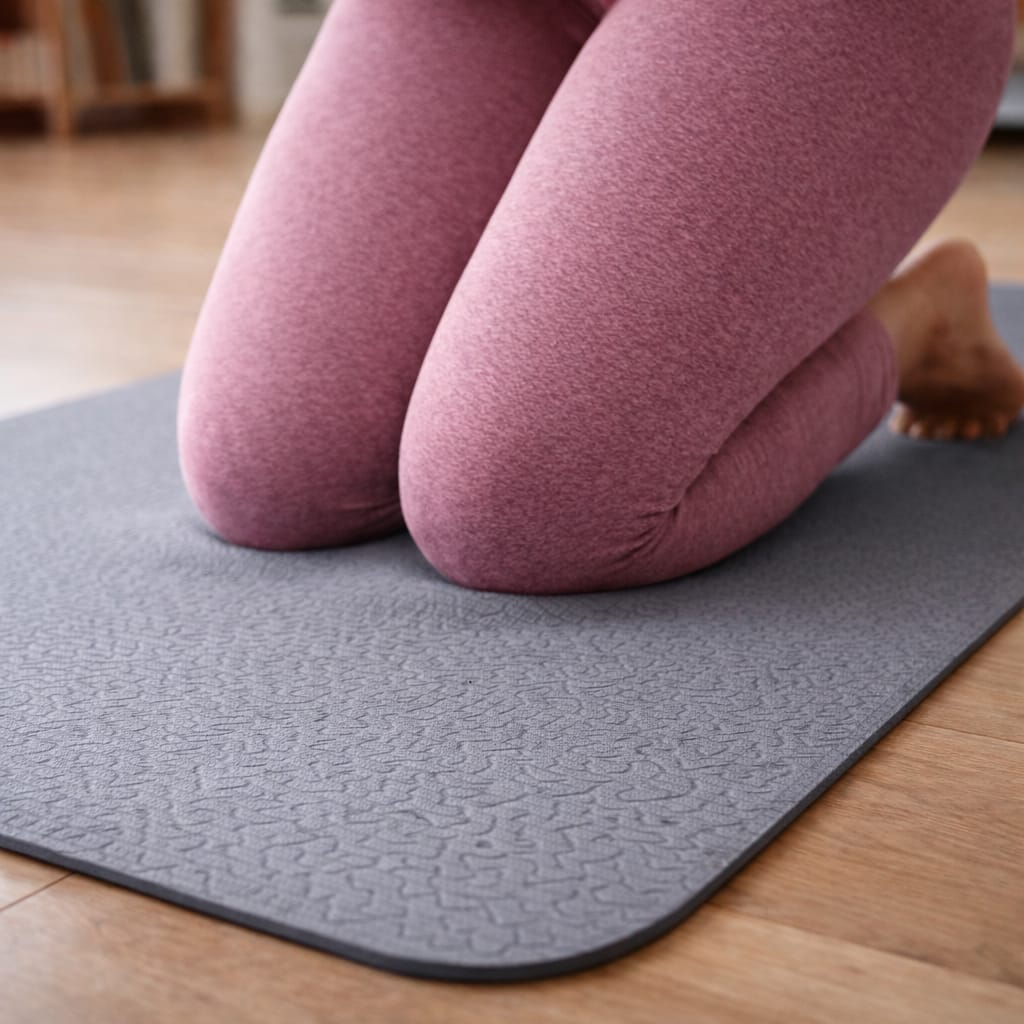 Person wearing pink leggings on a gray yoga mat indoors
